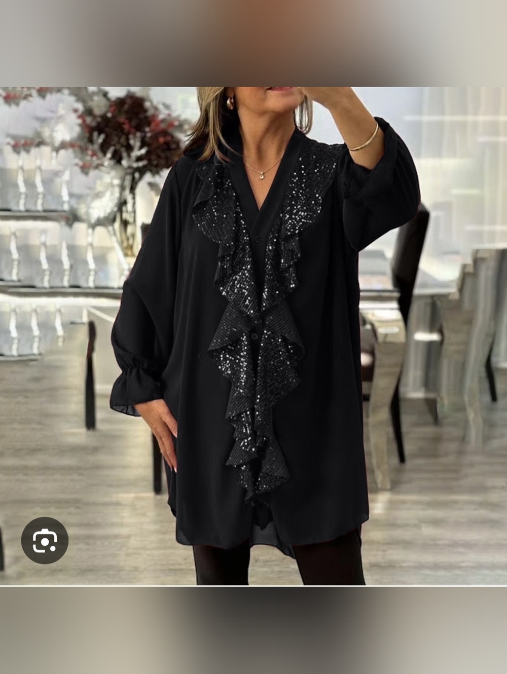 Black Sequin Ruffle Front Tunic Top